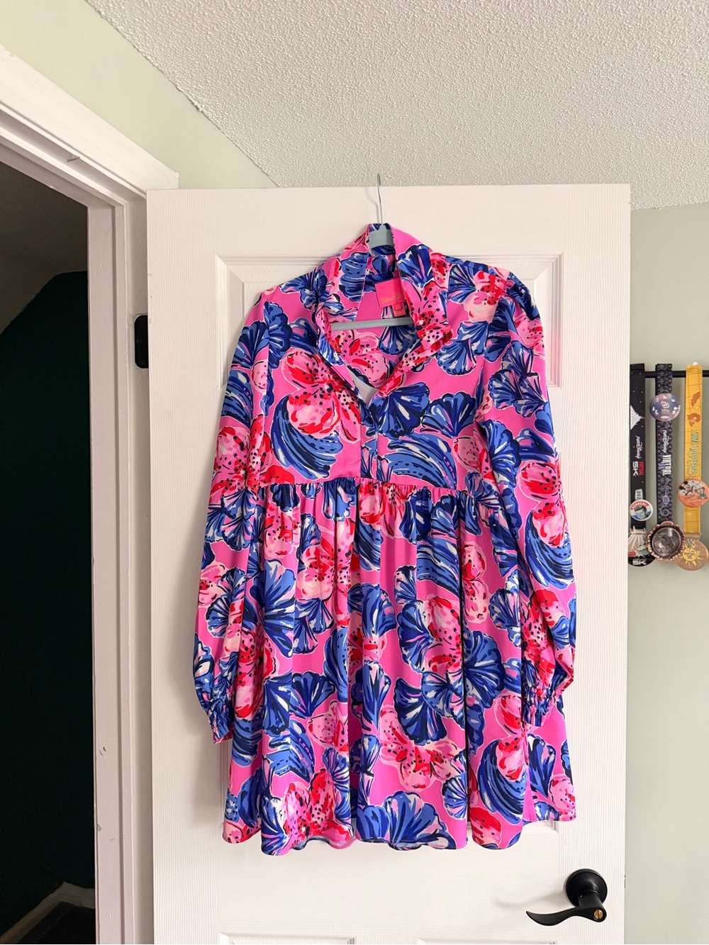 Lilly Pulitzer Pink Floral Long-Sleeve Smock Dress with Blue Accents